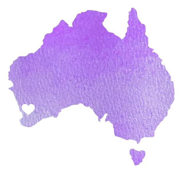 Watercolour map of Australia with a heart marking Perth in the south-west